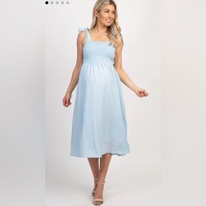 Pink blush smocked blue maternity dress